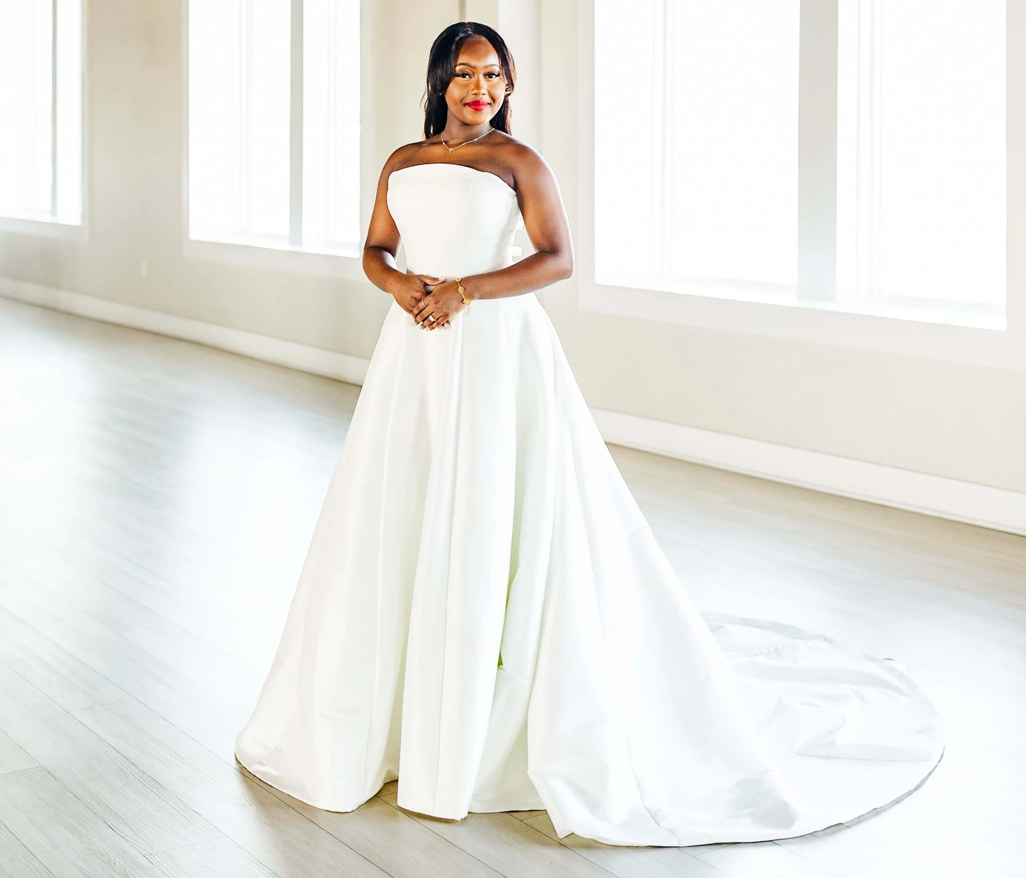 Model wearing a clean bridal deress