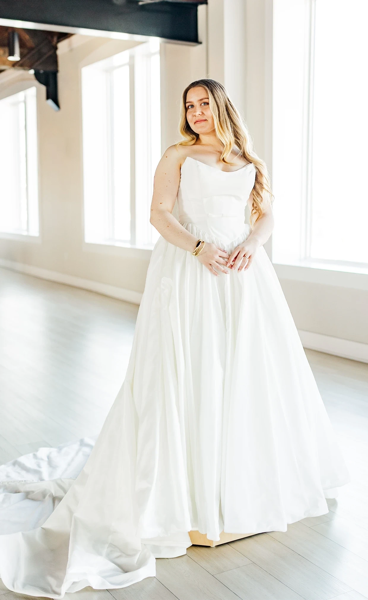 Model wearing an a-line deress