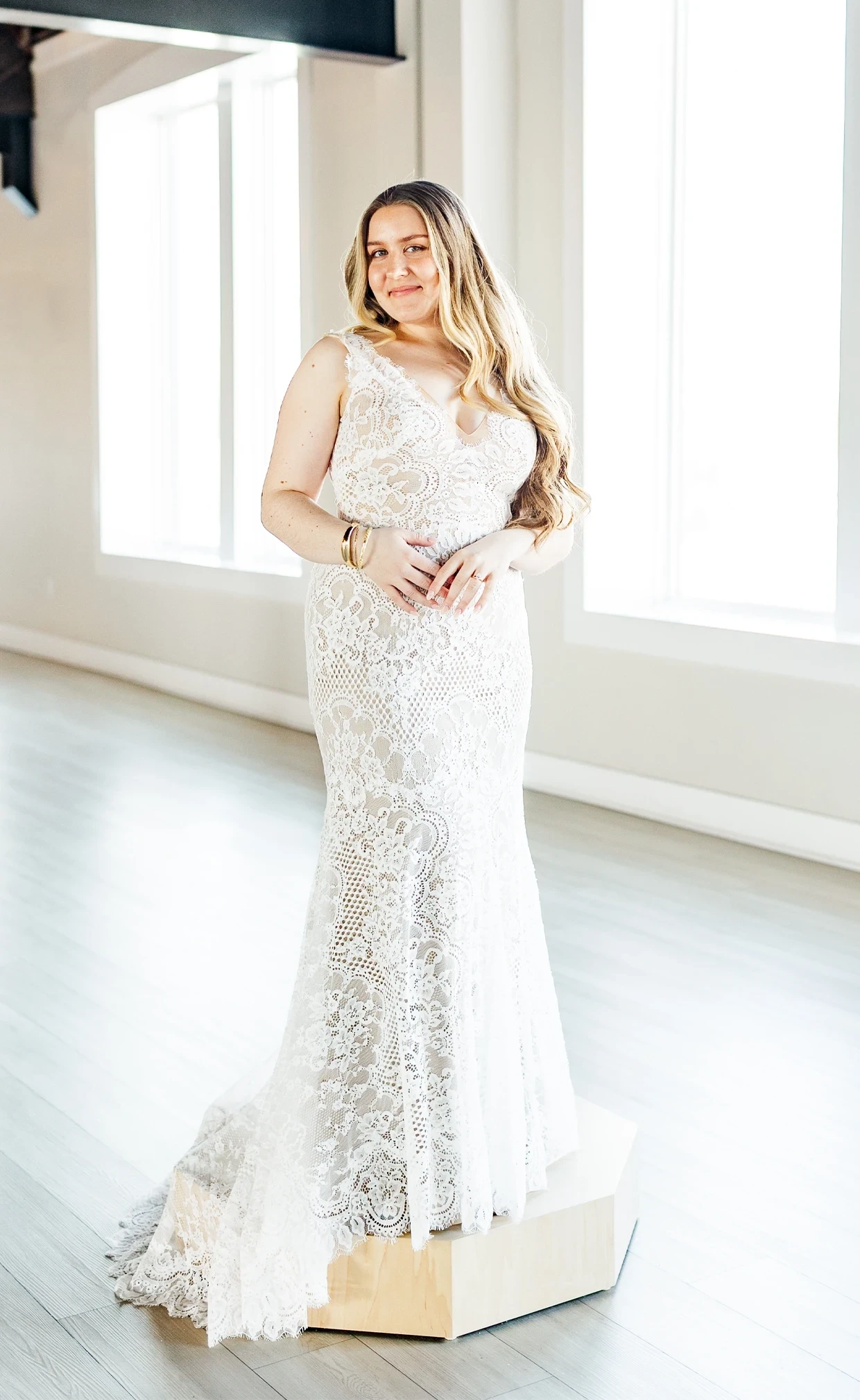 Model wearing a lace deress